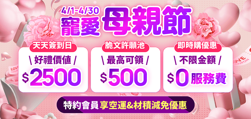 四月每天簽到可獲得不同金額折價券，總價值2500元以上。參加留言活動還可額外獲得50元券
