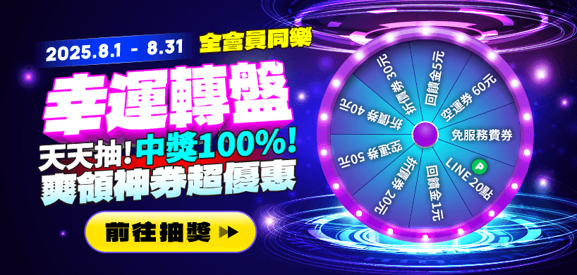 八月每日登入就可參加轉盤抽獎